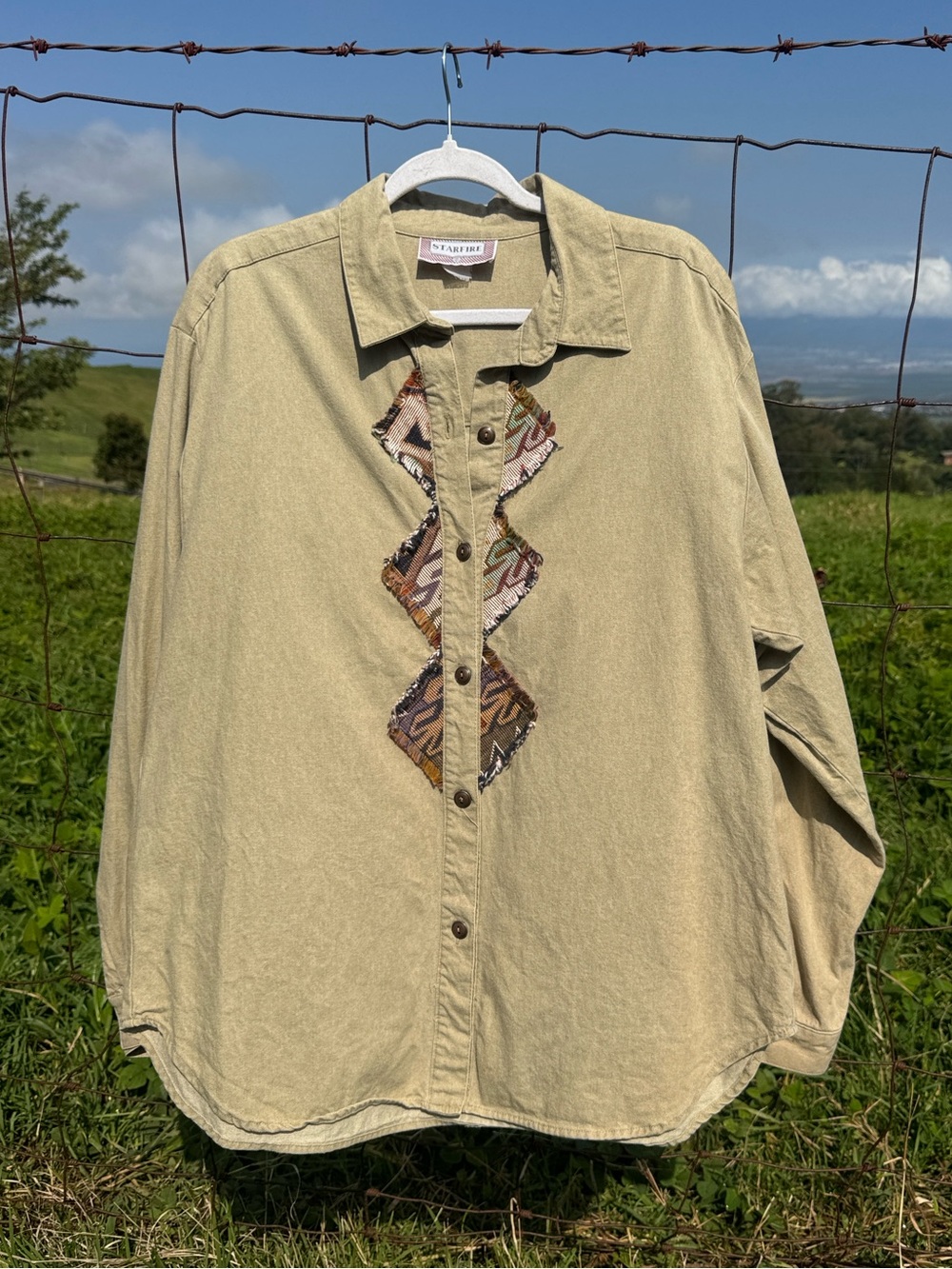 Vintage Starfire 90s khaki tapestry patchwork western button down Denim shirt Xl